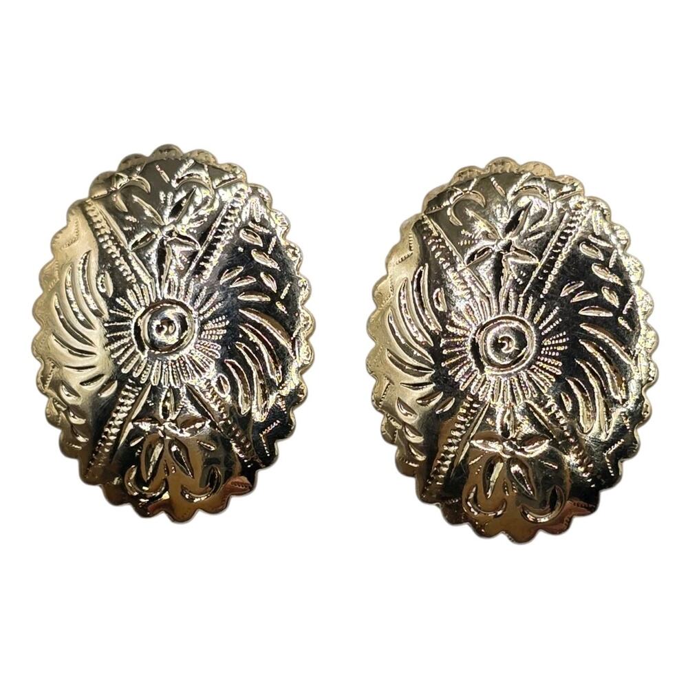 Vintage Earrings Oval Concho Stamped Sunburst Floral Motif Scalloped Minimalist